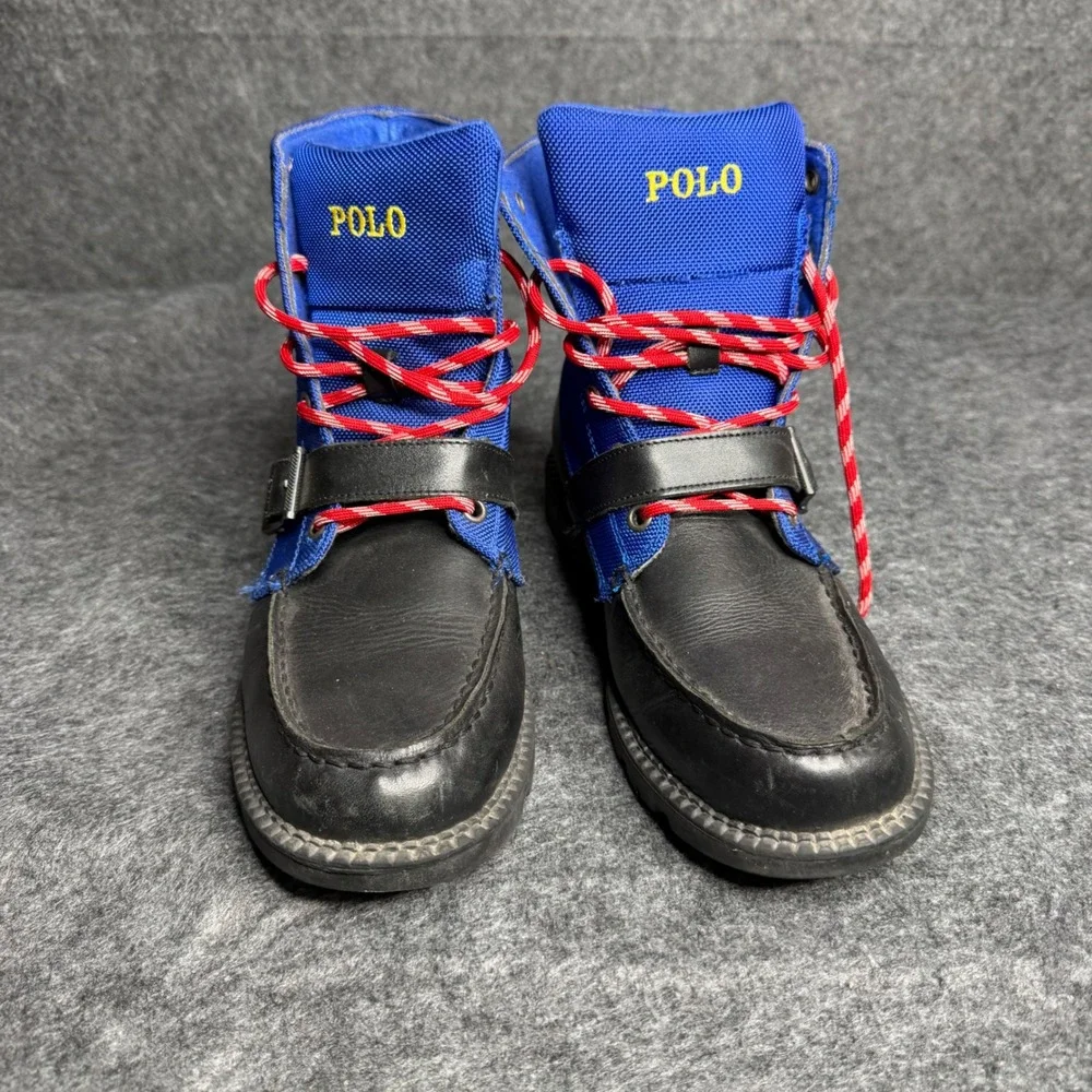Polo Ralph Lauren Ranger Hi II Boys Boots Black Blue‎ Leather USA Ski Patch 5.5Y